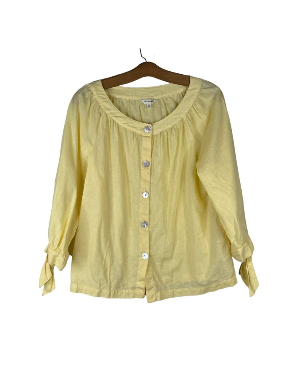 Max Studio Top Small Linen Blend Button Front Blouse Tie Sleeve Yellow Minimal